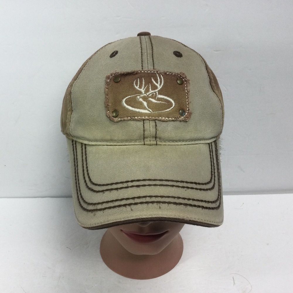 Primos khaki Tan Hunting Hat Deer Patch Logo distressed baseball cap Strap Back